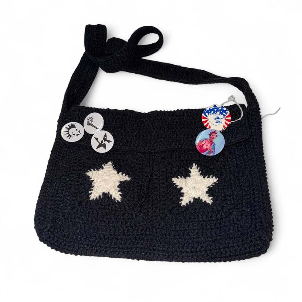 Handmade Brazilian Black Crochet Crossbody Bag with White Stars